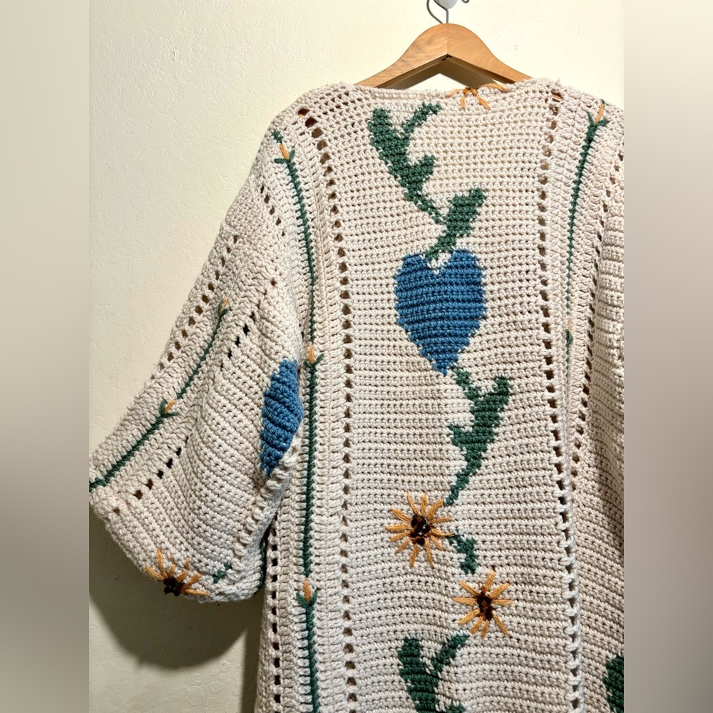 Handmade Boho Granny Knit Blanket Hearts Flowers Blue, Yellow, Cream Cardigan - Picture 3 of 8